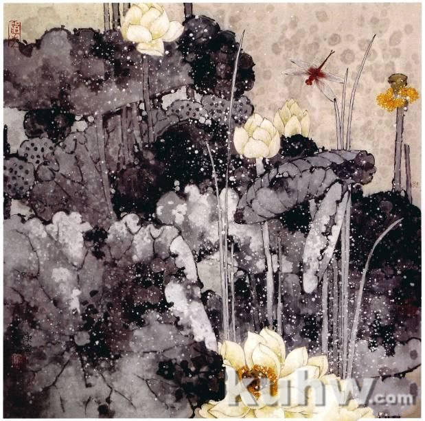 国画图文教程:彩墨荷花画法示范详解