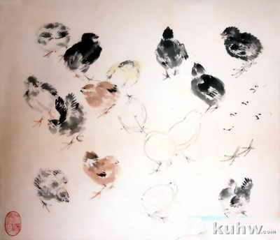 王雪涛花鸟画手稿：小鸡的画法