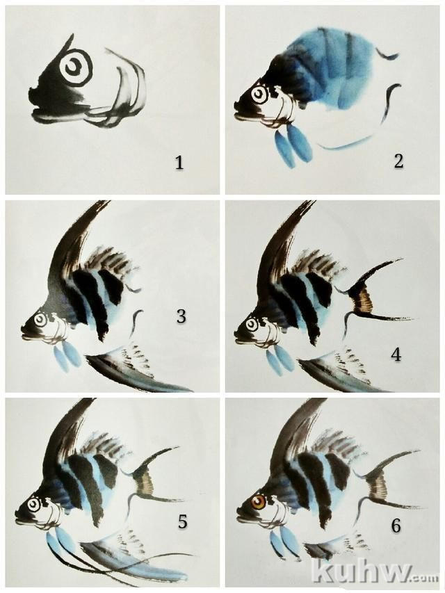国画之神仙鱼的画法，各种姿态的神仙鱼画法