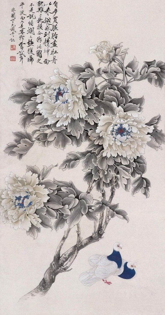 于非�《牡丹双鸽图》