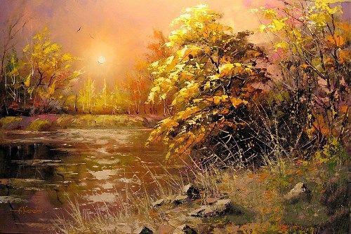 山水画。 艺术家亚历山大Khodyukov