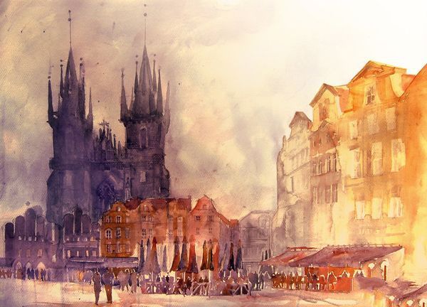 水彩Architectures09波兰艺术家Maja Wronska城市水彩画作品