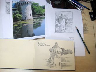 水彩画在英格兰的Scotney塔由罗兰・李