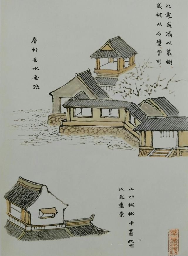 20张对比图，讲解山水画中28种画墙屋技法