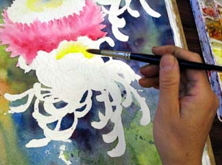 花素描，水彩混合