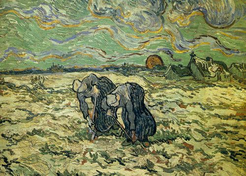 <a href=https://www.kuhw.com/e/tags/?tagid=139 target=_blank class=infotextkey>梵高</a>【夕阳下两位农妇开掘积雪覆盖的田地】作品--