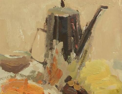 色彩静物组合不锈钢壶和水果的画法