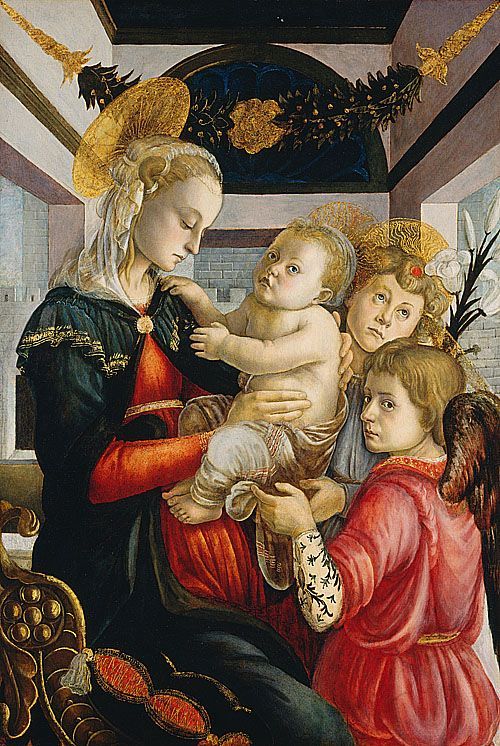 桑德罗·波提切利《圣母子和两个小天使》作品- 意大利
