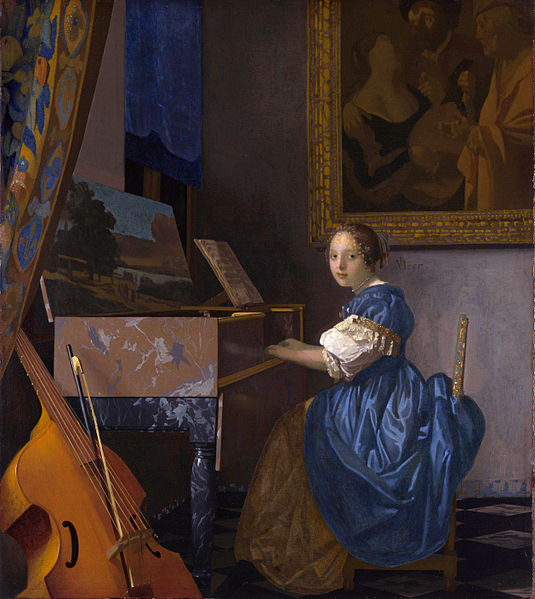 约翰内斯·维米尔(johannes vermeer)油画作品《坐在维金纳琴前的女子