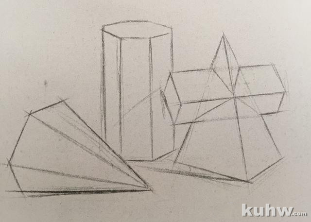 几何体组合(5)方锥贯穿体+六棱柱+六棱锥体明暗写生示范