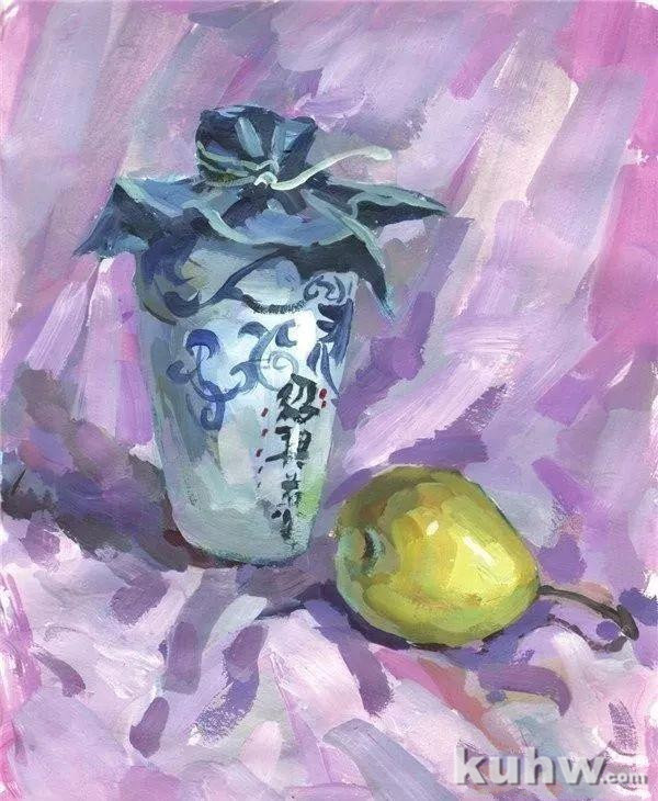 每日一画 I 水粉静物之酒瓶和梨的绘画步骤教程「第94期」