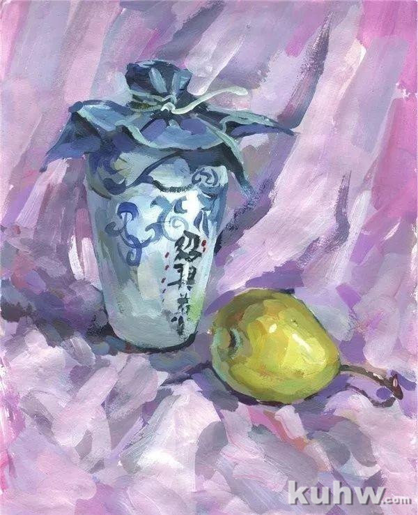 每日一画 I 水粉静物之酒瓶和梨的绘画步骤教程「第94期」
