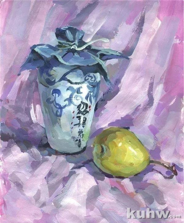 每日一画 I 水粉静物之酒瓶和梨的绘画步骤教程「第94期」