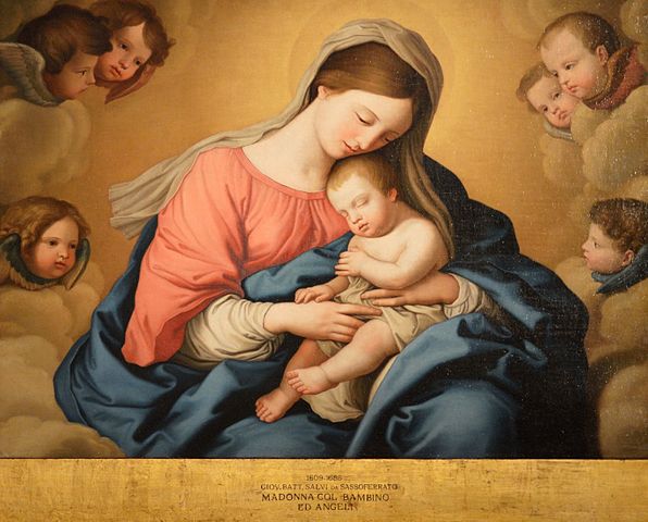 桑索费莱托（Giovanni Salvi da Sassoferrato）-《麦当娜与孩子和天使》油画高清下载