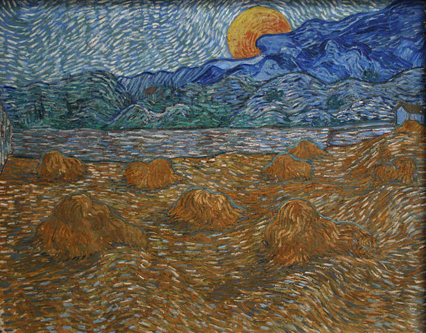 文森特·梵高(Vincent van Gogh)作品《麦捆和月亮升起的风景》高清下载