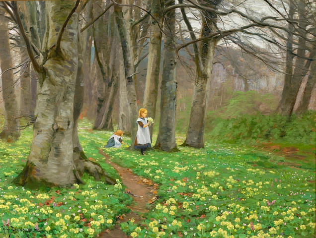 哈·布朗德基尔德(ha brendekilde)作品《两个女孩在春天在森林里摘花》高清下载