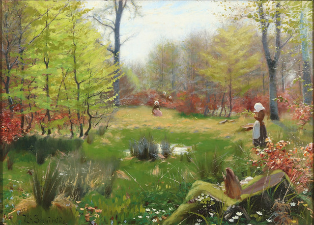 哈·布朗德基尔德(ha brendekilde)作品《年轻的女孩在春天的森林里采摘海葵》高清下载