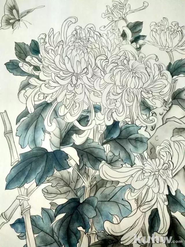 工笔画教程:菊花蓝蝶的工笔花鸟