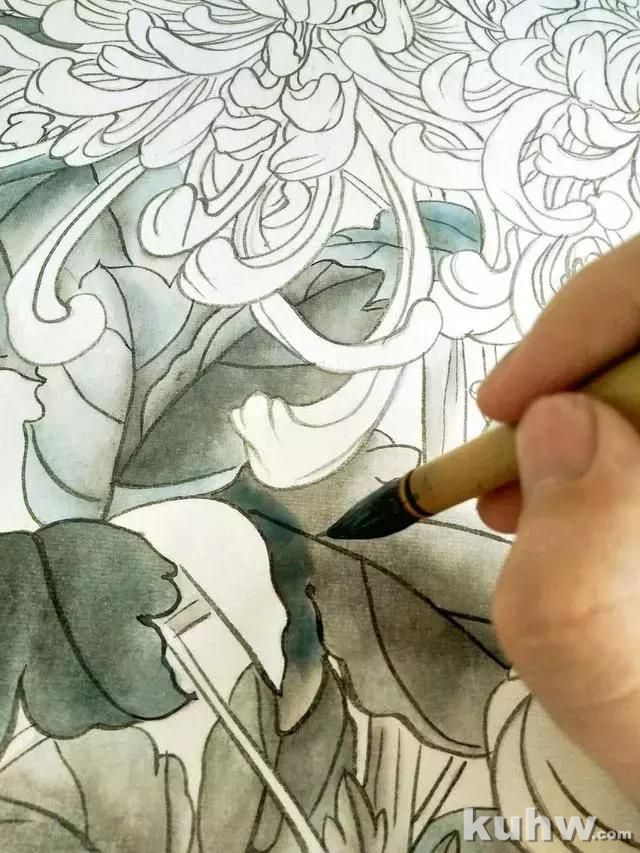 工笔画教程:菊花蓝蝶的工笔花鸟