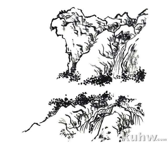画山教程|山的表现方法、山石墨法及山坡路径、泉水瀑布的画法