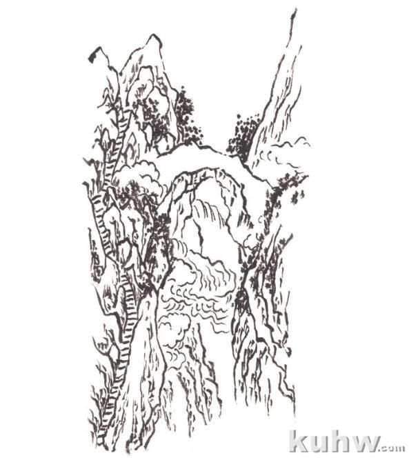 画山教程|山的表现方法、山石墨法及山坡路径、泉水瀑布的画法