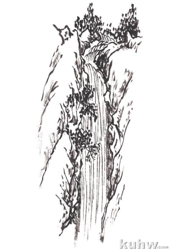 画山教程|山的表现方法、山石墨法及山坡路径、泉水瀑布的画法