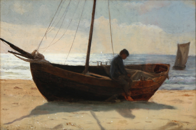 劳里特·图克森(Laurits Tuxen)作品《渔民男孩在海滩上的一条船上》高清下载