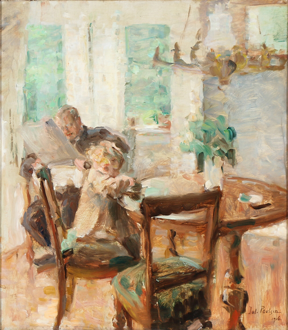 朱利叶斯·保尔森(Julius Paulsen)作品《孩子在玩,父亲在看报纸》高清下载