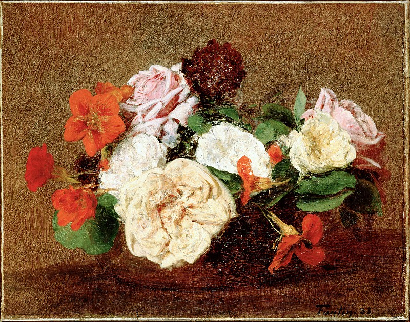 法国画家亨利·范汀·拉图尔（Henri Fantin-Latour）-花瓶里的玫瑰和金莲花 高清下载