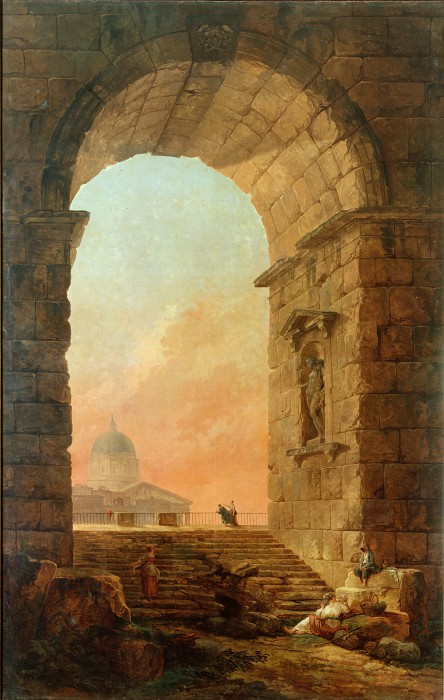 法国画家休伯特·罗伯特(hubert robert)-罗马景观与拱门和圣彼得大教堂的圆顶 高清下载