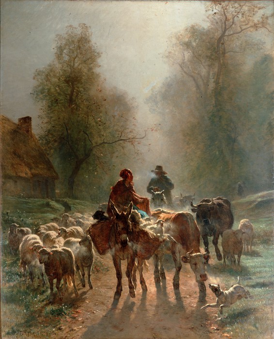 法国画家康斯坦·特罗荣(Constant Troyon 1810—1865年)-在走向市场的路上（1859）高清下载