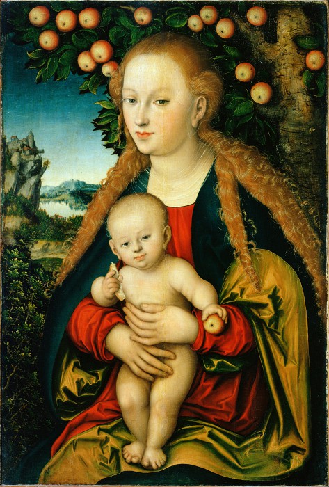 德国画家卢卡斯·克拉纳赫(Lucas Cranach der Aeltere)一世-麦当娜和孩子在苹果树下（〜1530）高清下载