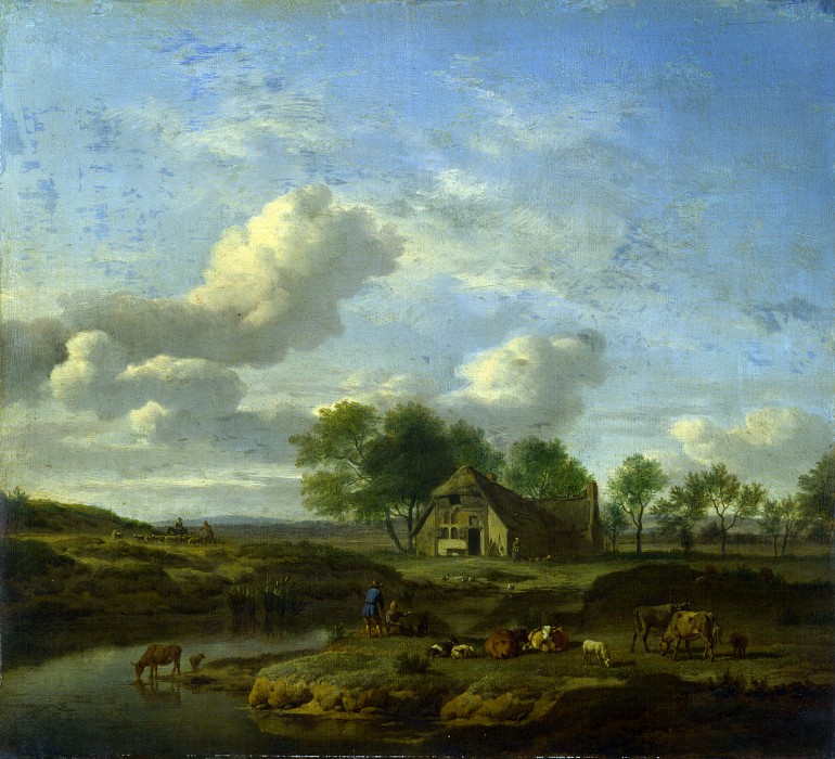 荷兰画家阿德里安·范·德·维尔德（Adrian van de Velde）-溪边的农场景观 高清下载