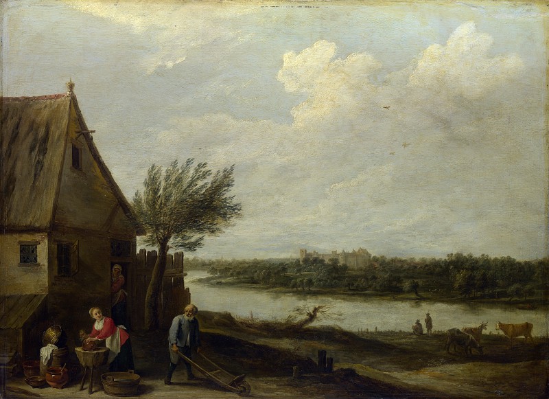 大卫·特尼尔斯（David Teniers the Younger）-远眺城堡的河边小屋 高清下载