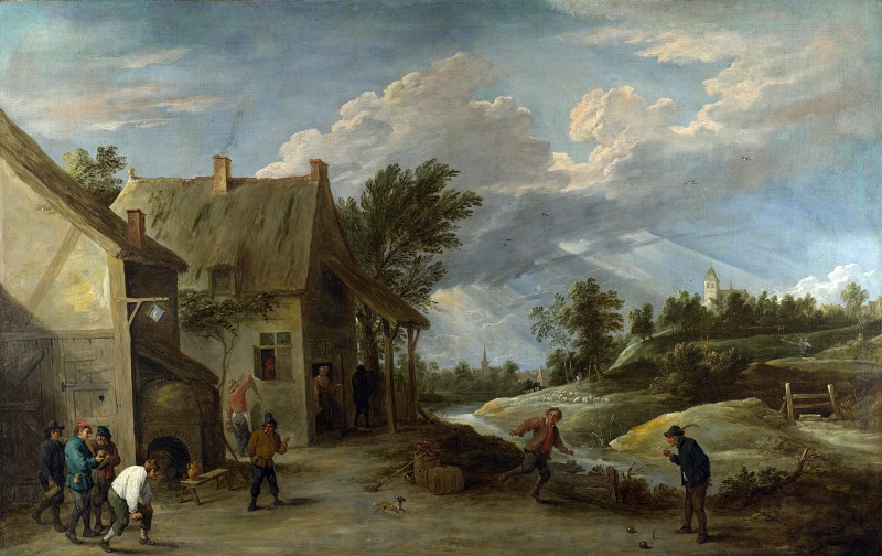 大卫·特尼尔斯（David Teniers the Younger）-农民在乡村客栈外打碗 高清下载