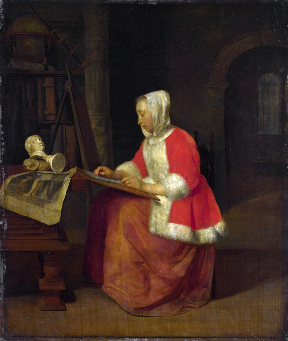 荷兰画家加布里埃尔·梅苏（Gabriel Metsu）-一位年轻女子的绘画