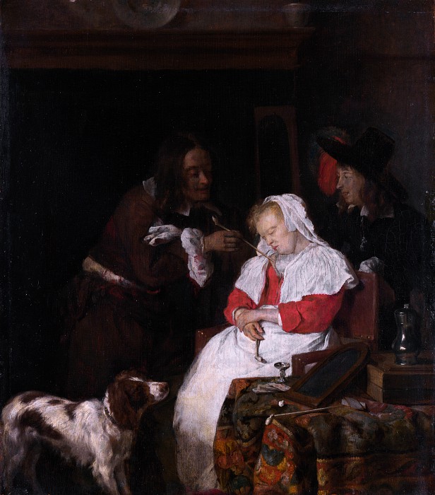 荷兰画家加布里埃尔·梅苏（Gabriel Metsu）–两个男人和一个熟睡中的女人高清下载