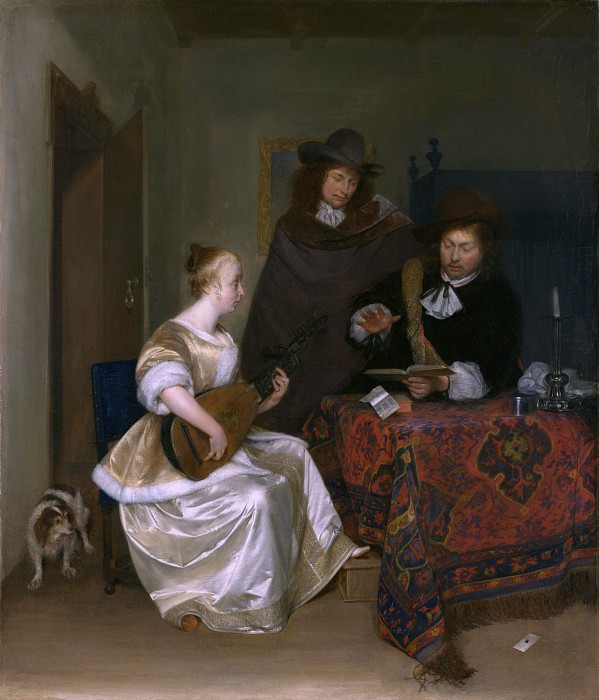 荷兰画家杰拉德·特·伯奇（Gerard ter Borch）-一个女人向两个男人吹奏定音调 高清下载