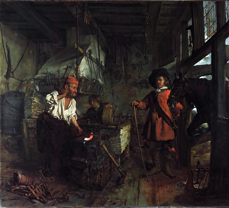 荷兰画家加布里埃尔·梅苏（Gabriel Metsu）–铁匠铺的内部 高清下载
