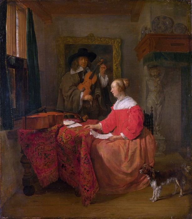 荷兰画家加布里埃尔·梅苏（Gabriel Metsu）–一个坐在餐桌旁的女人和一个正在调小提琴的男人 不过去下载