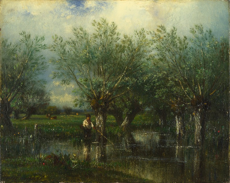 法国画家儒勒·路易斯·杜普雷（Jules-Louis Dupre）–柳树，与男人一起钓鱼 去下载