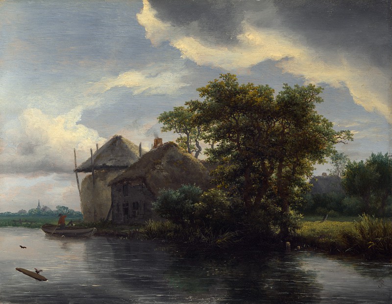 雅各布·范·鲁伊斯黛尔（Jacob van Ruisdael）–小屋和河边的哈里克（Hayrick）在河边 高清下载