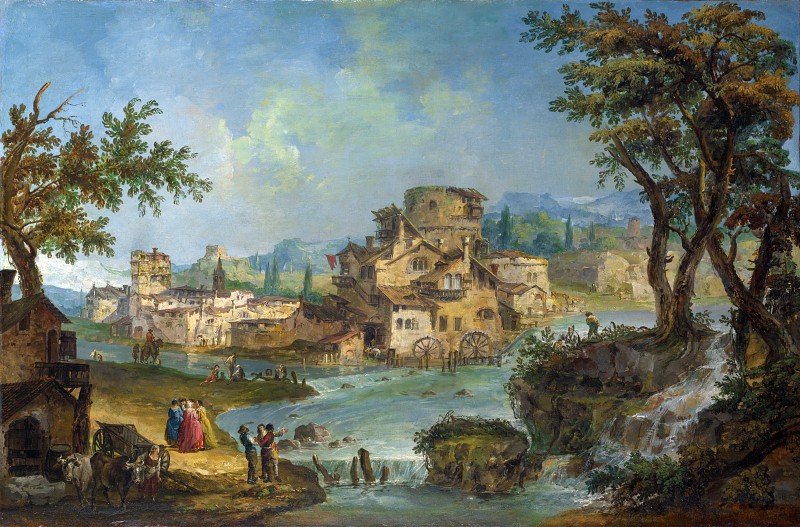 意大利画家米歇尔·玛丽埃斯基（Michele Marieschi）–与急流一起在河边的建筑物和人物 高清下载