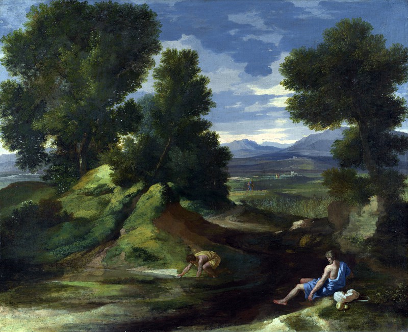 法国画家尼古拉斯·普桑（Nicolas Poussin）–与一个从溪水sc水的人的风景 高清下载