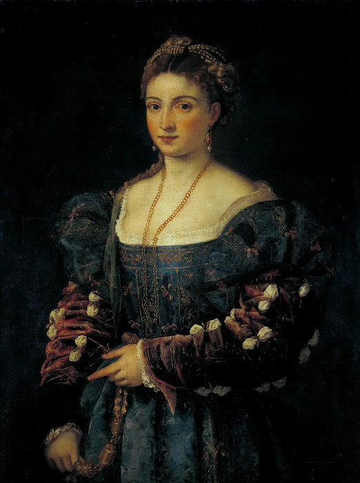 提香（Titian）–穿着蓝色连衣裙的女士 高清油画作品下载