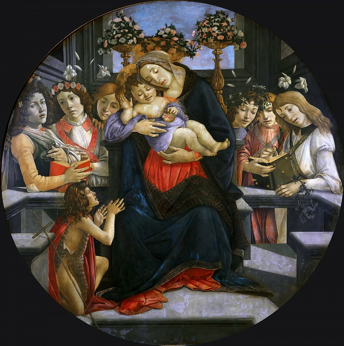 桑德罗·波提切利（ Alessandro Botticelli） –处女和带有六个天使的孩子和施洗者 高清下载