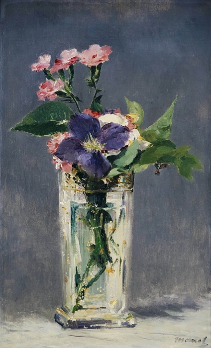 爱德华·马奈（édouard Manet） –康乃馨和铁线莲放在一个水晶花瓶里 高清下载