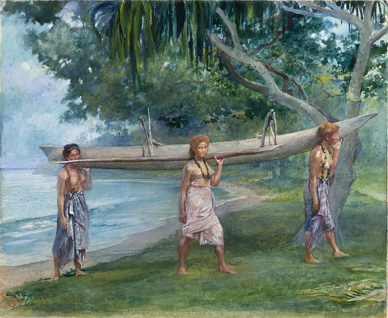 约翰·拉法格（John La Farge）–萨摩亚Vaiala背着独木舟的女孩 作品
