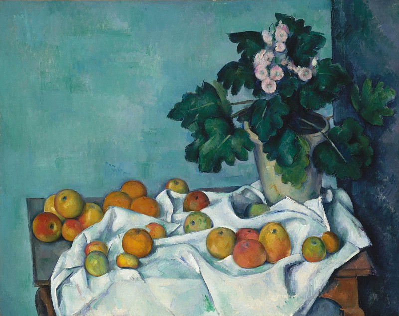 保罗·塞尚（Paul Cézanne）–苹果静物画和一罐樱草花 油画下载