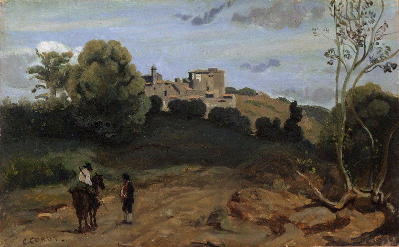让·巴蒂斯特·卡米尔·柯罗（Jean-Baptiste-Camille Corot）–甘萨诺（Genzano）风景与骑手和农民 油画
